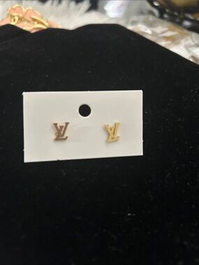Gold LV Monogram Stud Earrings - Women's Fashion Jewelry